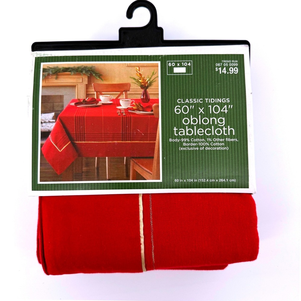 Classic Tidings Red Oblong Tablecloth 60x104 Gold Border Cotton Blend 8-10 Seats - Picture 1 of 4